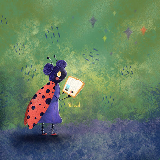 Illustration of a fairytale ladybug reading a book.