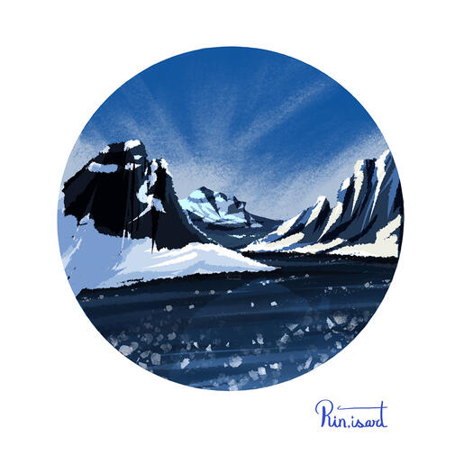 illustration of snowy mountains in a river with ice.