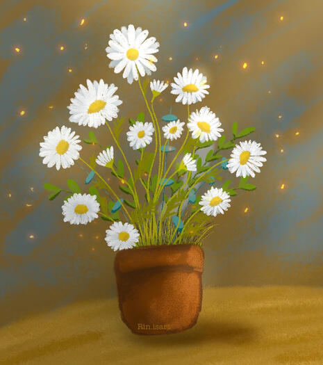 Illustration of happy daisies in a ceramic pot surrounded by fireflies.