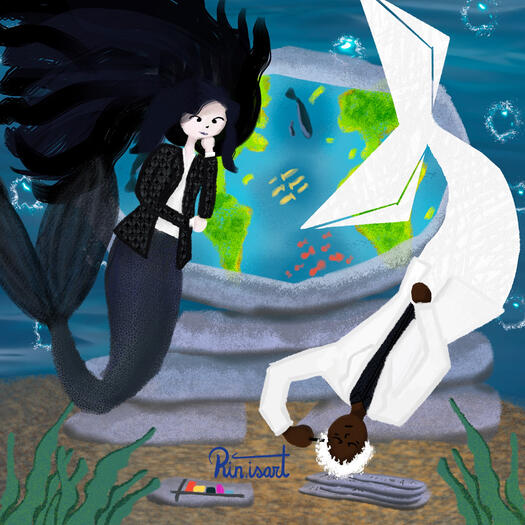 Illustration of 2 mermaids in an office finding a solution to the environmental problem.