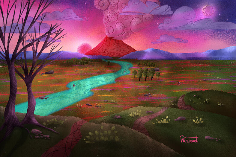 Illustration of a magic landscape with a centred active volcano. A cloud of pink smoke coming out of it and the sunset welcoming the moon night.