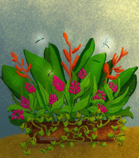 Illustration of tropical flowers in bloom surrounded by dragonflies.