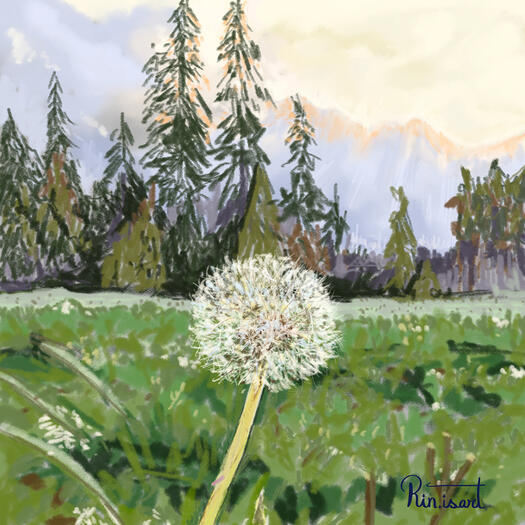 Illustration of a close up of a dandelion with pines and mountains background.