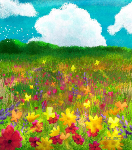 Illustration of a colourful meadow full of flowers in bloom.