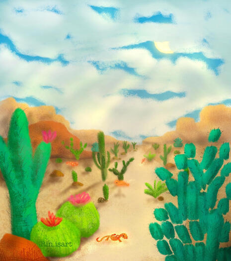 Illustration of a desert landscape, full of live in a hot summer day.