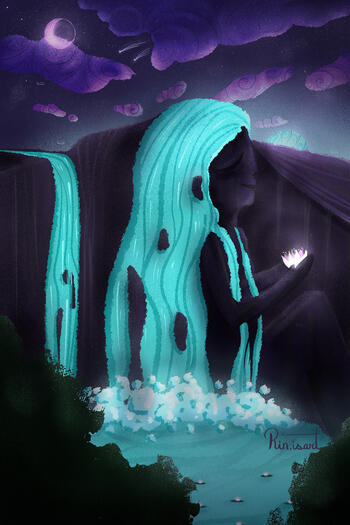 Illustration of a magic Lady with hair as waterfalls enjoying a lotus light and fragrance on a warm night.