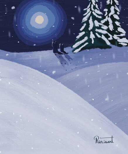 Illustration of a couple of blue foxes enjoy a quiet snowy night togethers under the bright moon.