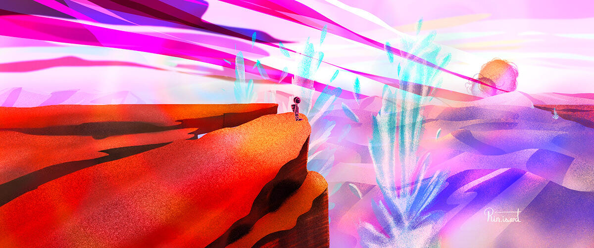 Illustration of a vivid alien world where night never falls. Multiple suns paint the sky in perpetual sunrise and sunset hues over a harsh, wind-swept desert carved by deep canyons.